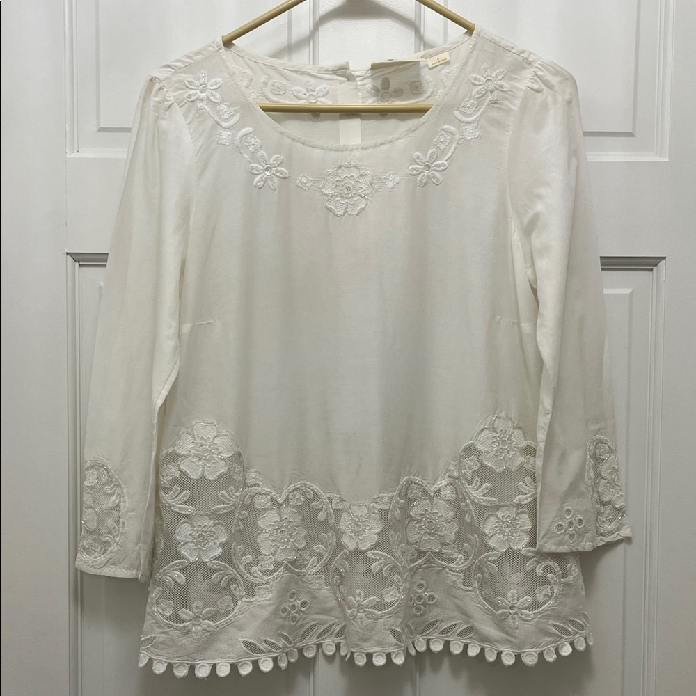 Maeve White Beaded Floral Embroidered Mesh Lace Accents Blouse Top - Size 4
